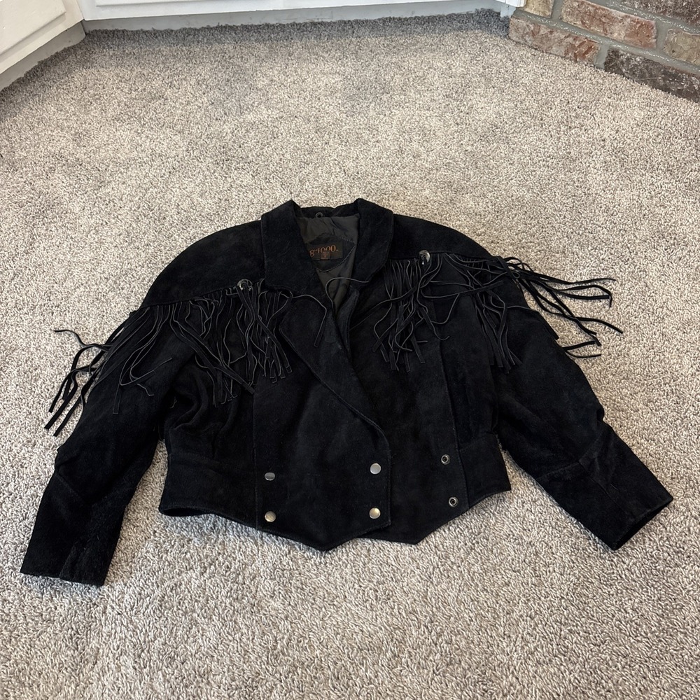 G4000 Womens Black Genuine Leather Western Fringe Full-Zip Bomber Jacket Size S